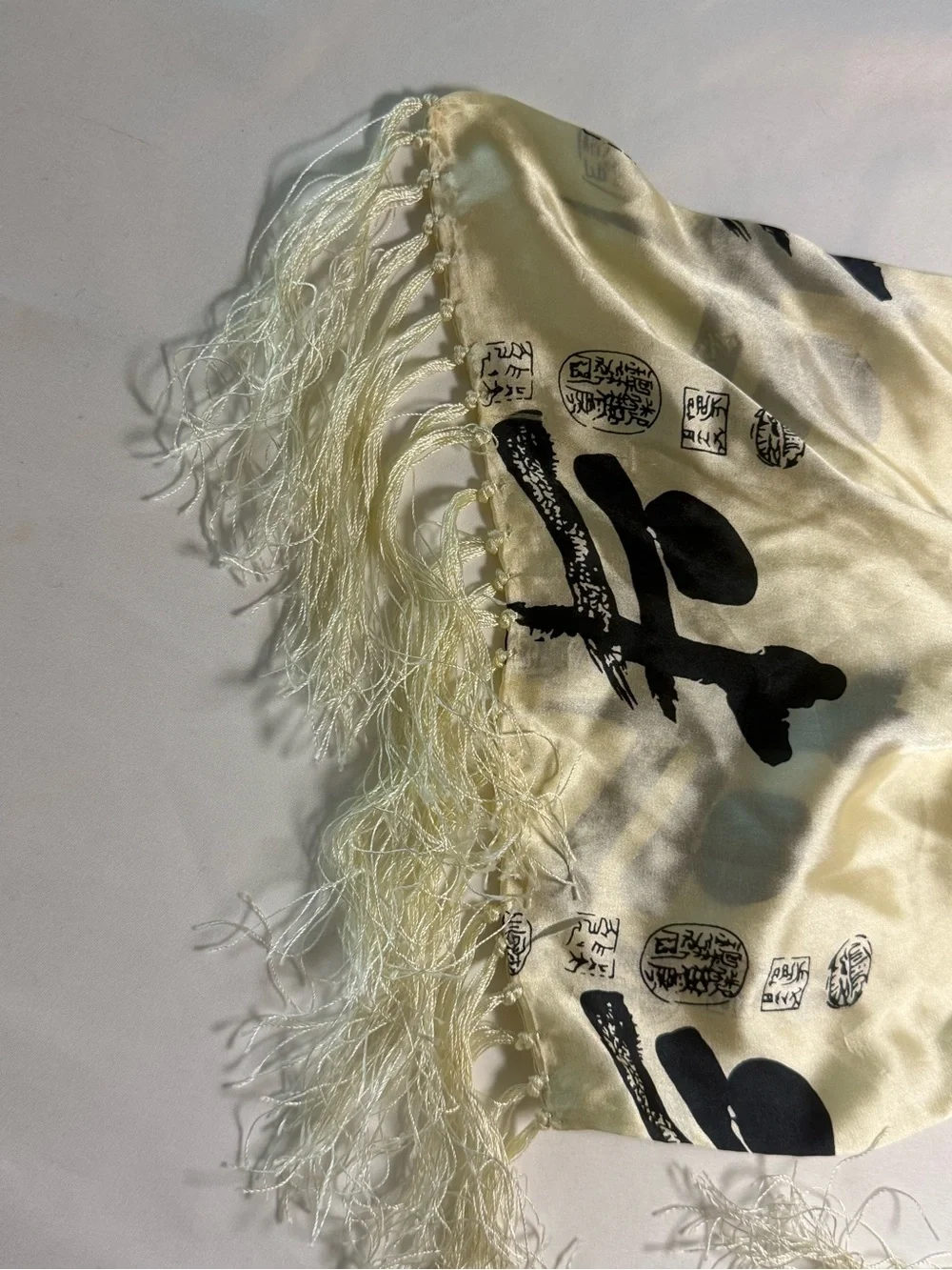Silky Ivory Scarf with Black Print and Fringe